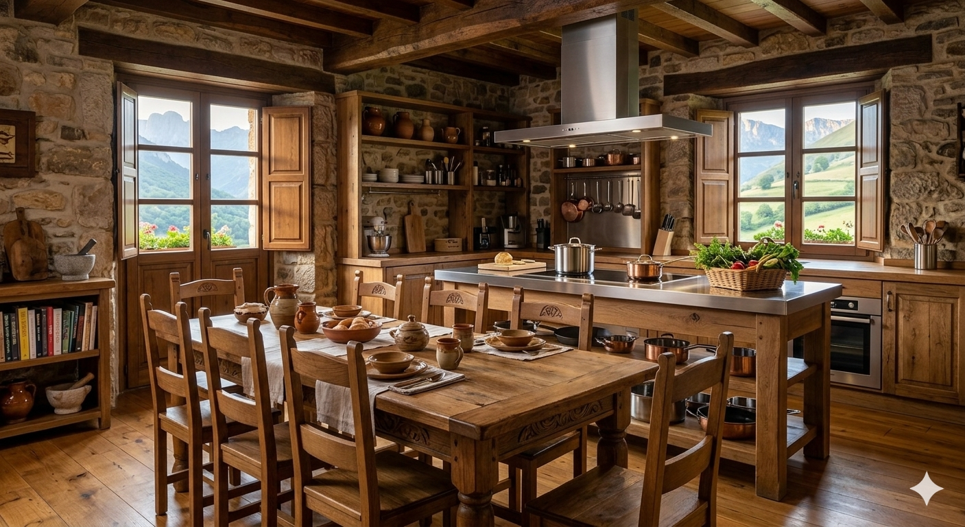 Cocina rústica con encimera de madera